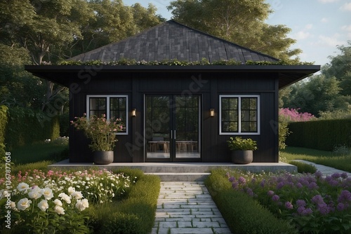 Obraz na płótnie Cozy Single-Story Cottage with Flowers in Front: Minimalist Design and Comfort in Every Detail w salonie