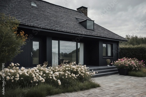 Obraz na płótnie Cozy Single-Story Cottage with Flowers in Front: Minimalist Design and Comfort in Every Detail w salonie