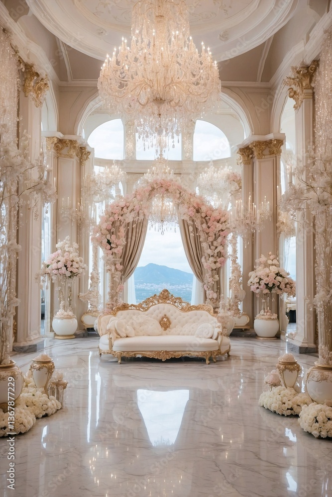 Luxurious Hall with a Stunning Chandelier: Marble Details and an Impressive Entrance Create an Air of Opulence