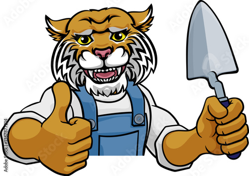 A wildcat bricklayer builder construction worker mascot cartoon character holding a trowel tool and peeking around a sign and giving a thumbs up