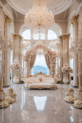 Obraz na płótnie Luxurious Hall with a Stunning Chandelier: Marble Details and an Impressive Entrance Create an Air of Opulence w salonie