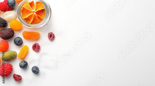 Dried fruits spilling artistically from glass jar onto white marble background, bright lighting,