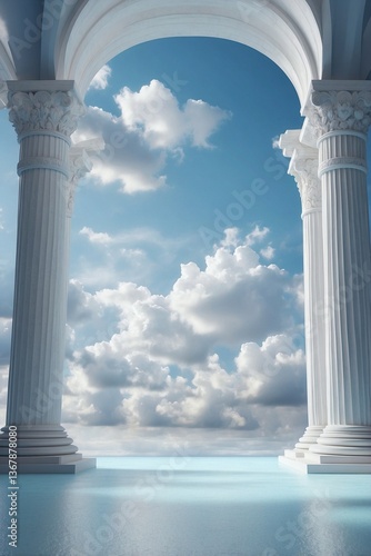 Empty Room with Majestic Columns and Clouds in the Background Creating an Atmosphere of a Magical Land