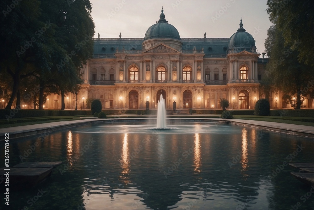 Obraz premium Magnificent Large Palace with a Fountain in Front, Surrounded by a Picturesque Park and Beautiful Lighting, Creating a Romantic Atmosphere
