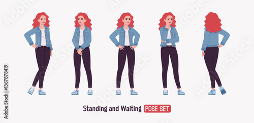 Woman, dyed red hair wearing denim jacket stand pose set. Attractive bright female in trendy everyday sport shoes, comfortable jeans for relaxed city life style. Vector flat style cartoon illustration