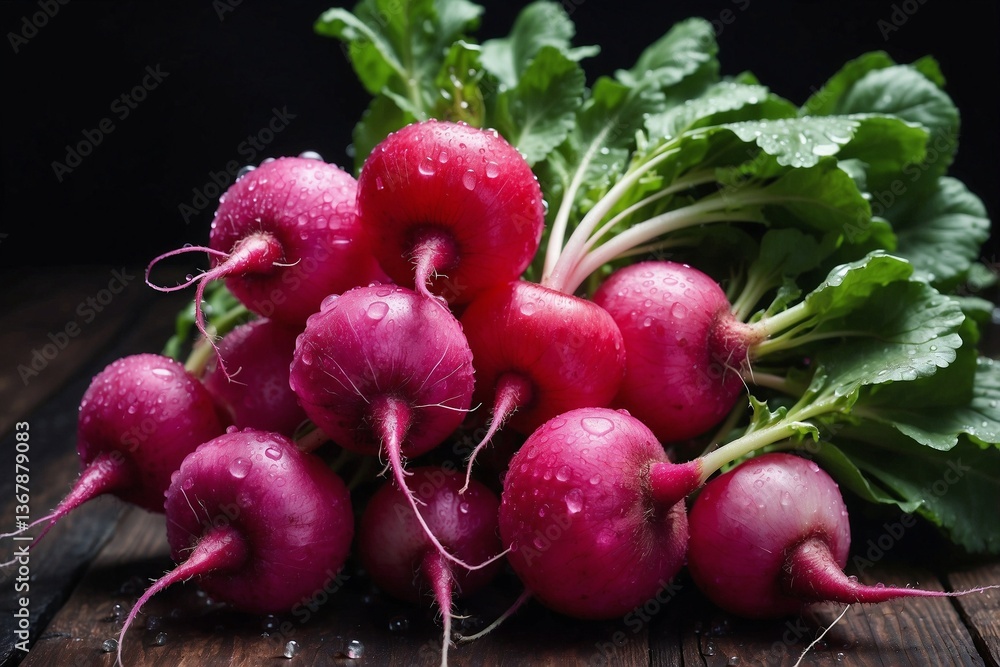 Close-up of a Bunch of Radishes with Water Droplets on a Dark Wooden Background, Highlighting the Freshness and Benefits of This Vegetable