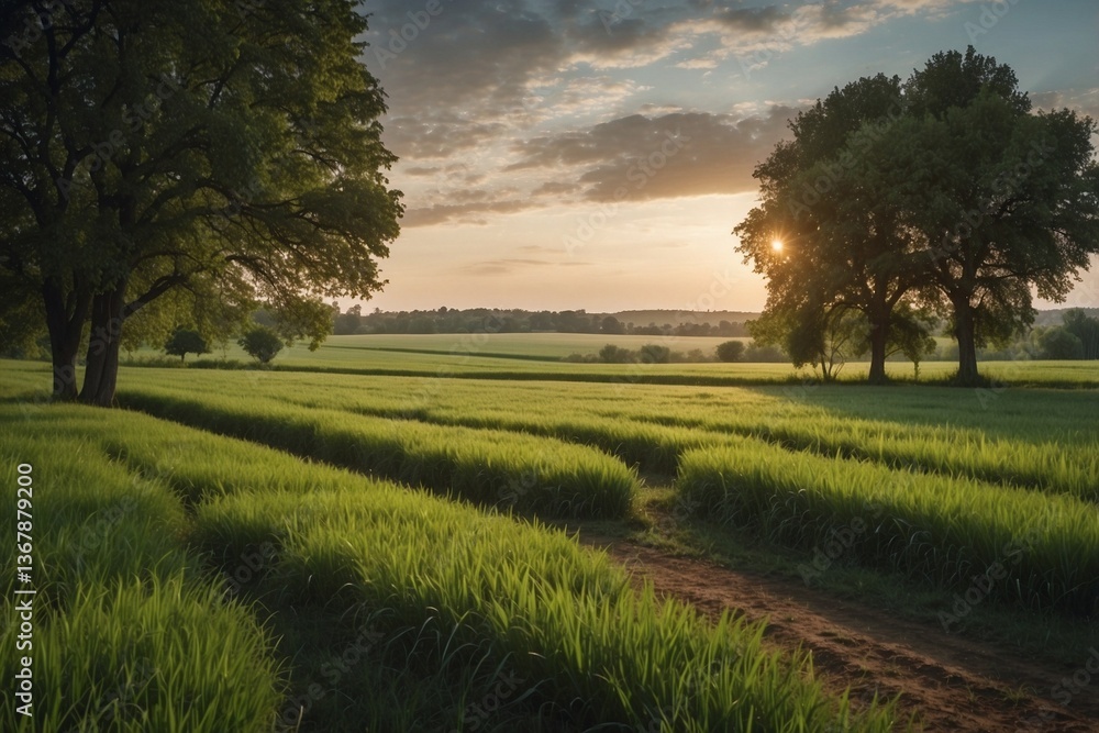 Green Grass Field with Trees in the Distance, Adorned with a Colorful Palette of a Spring Evening and Impeccable Rows of Crops Stretching for Miles