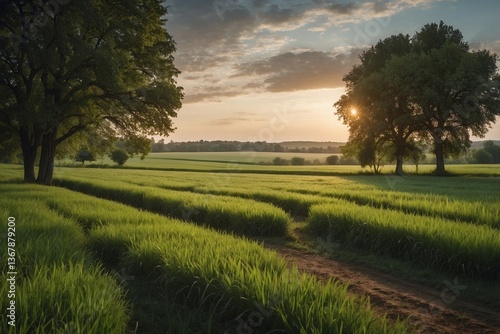 Obraz na płótnie Green Grass Field with Trees in the Distance, Adorned with a Colorful Palette of a Spring Evening and Impeccable Rows of Crops Stretching for Miles w salonie