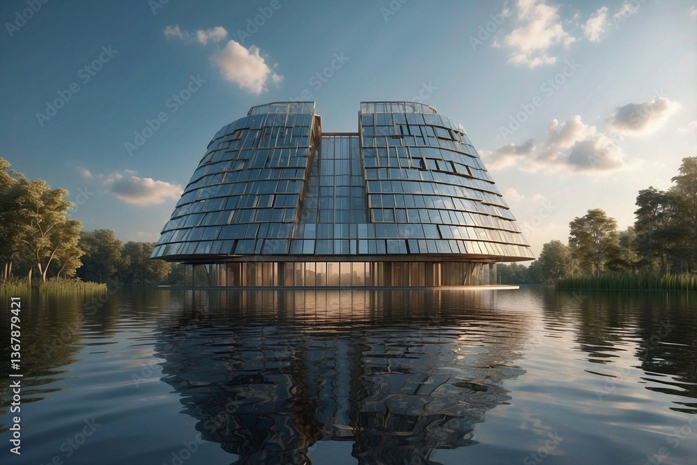 New Stylish Skyscraper Located on an Island in the Middle of a Water Body, Presented as a Detailed Clear Photo