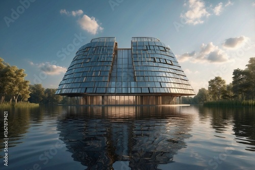 Obraz na płótnie New Stylish Skyscraper Located on an Island in the Middle of a Water Body, Presented as a Detailed Clear Photo w salonie