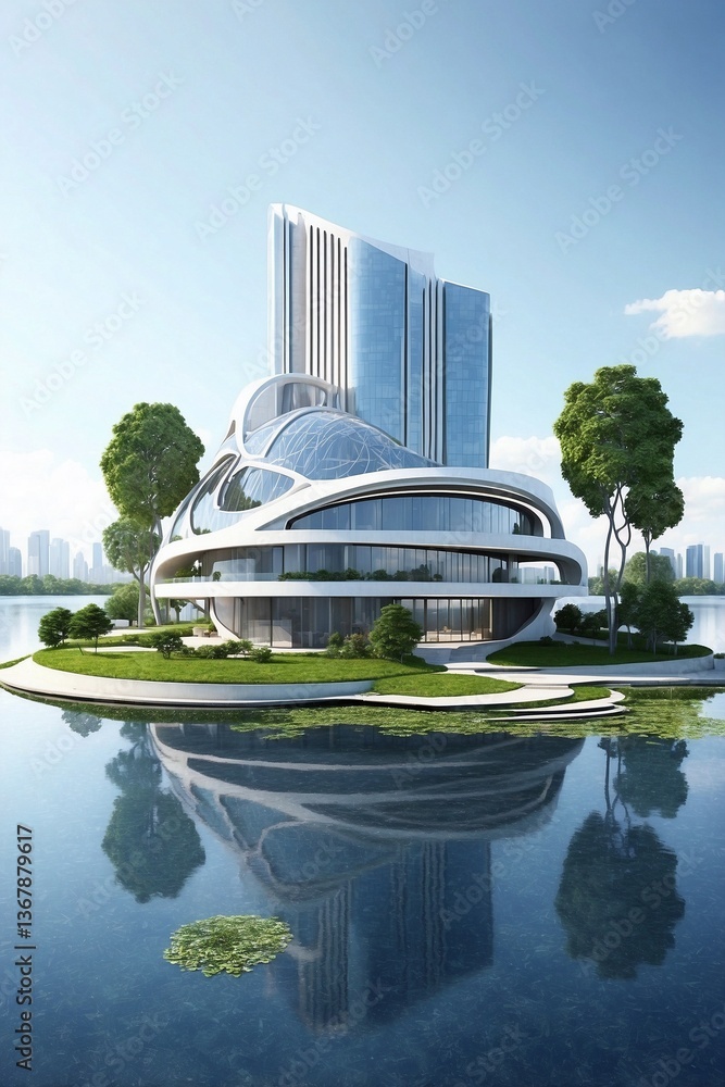 New Stylish Skyscraper Located on an Island in the Middle of a Water Body, Presented as a Detailed Clear Photo