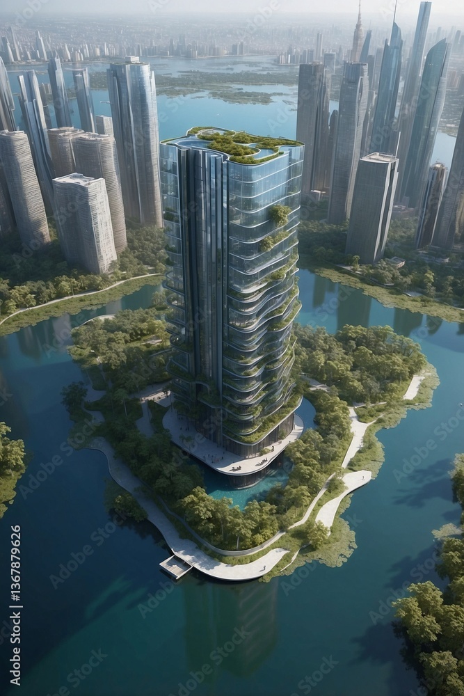 New Stylish Skyscraper Located on an Island in the Middle of a Water Body, Presented as a Detailed Clear Photo
