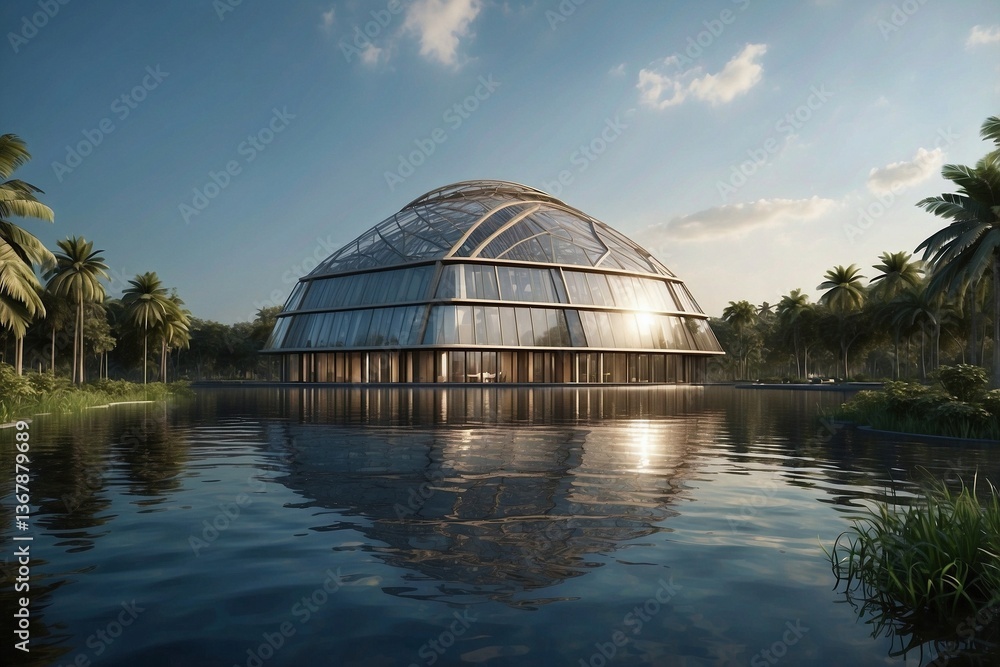 New Stylish Skyscraper Located on an Island in the Middle of a Water Body, Presented as a Detailed Clear Photo