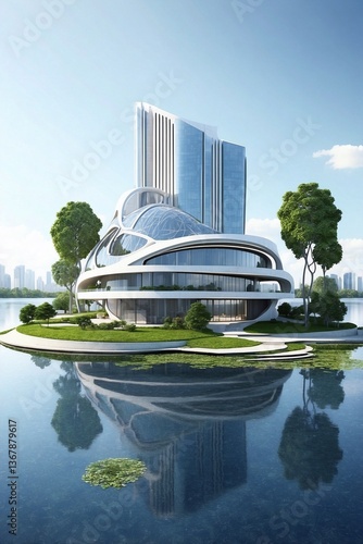 Obraz na płótnie New Stylish Skyscraper Located on an Island in the Middle of a Water Body, Presented as a Detailed Clear Photo w salonie