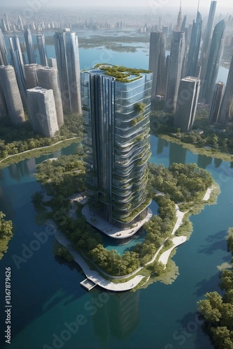 Obraz na płótnie New Stylish Skyscraper Located on an Island in the Middle of a Water Body, Presented as a Detailed Clear Photo w salonie