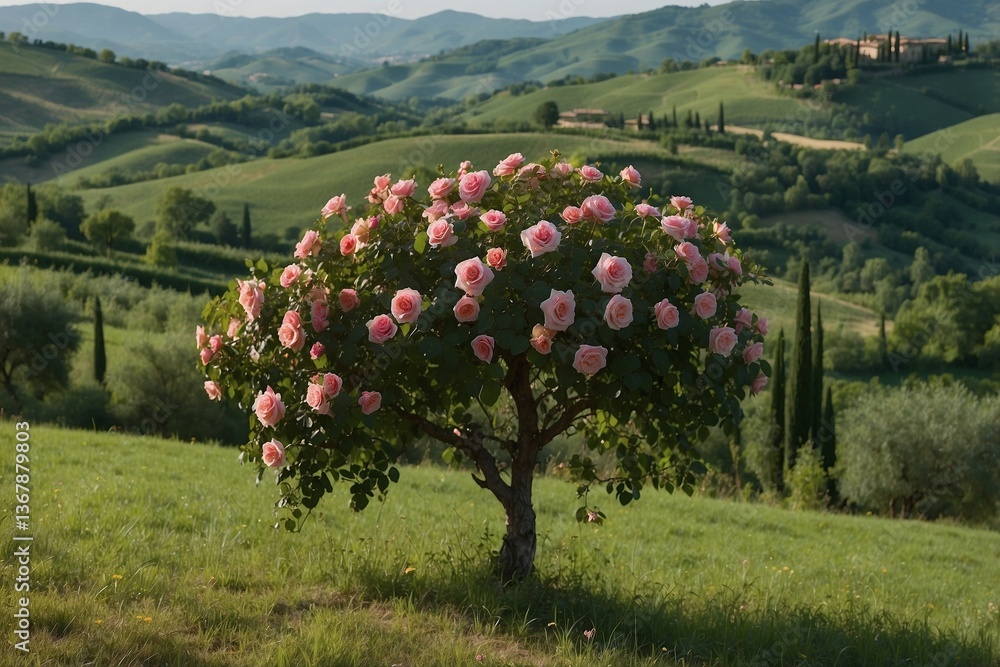 Pink Bush Blooming on Top of a Lush Green Hillside, Creating a Harmonious Pink-Green Palette