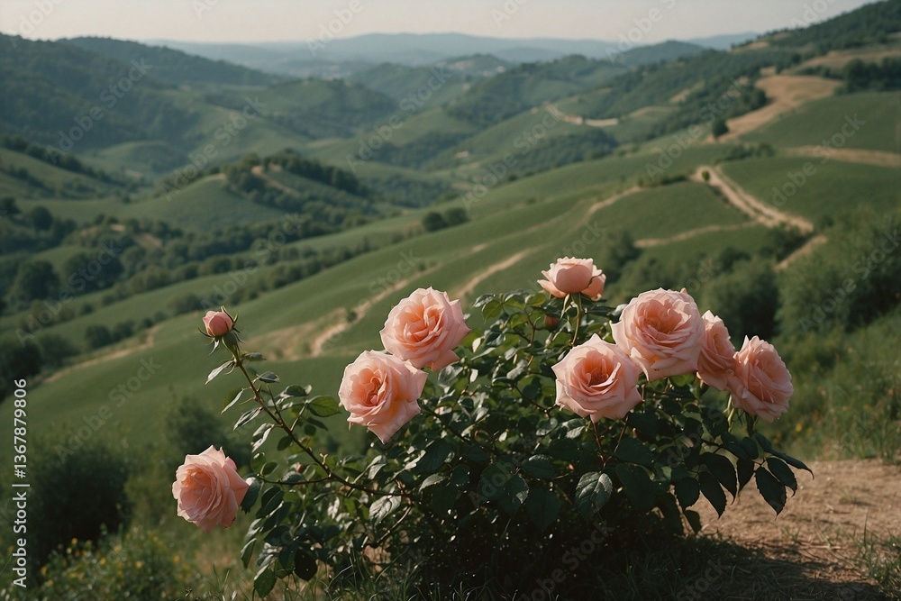 Pink Bush Blooming on Top of a Lush Green Hillside, Creating a Harmonious Pink-Green Palette