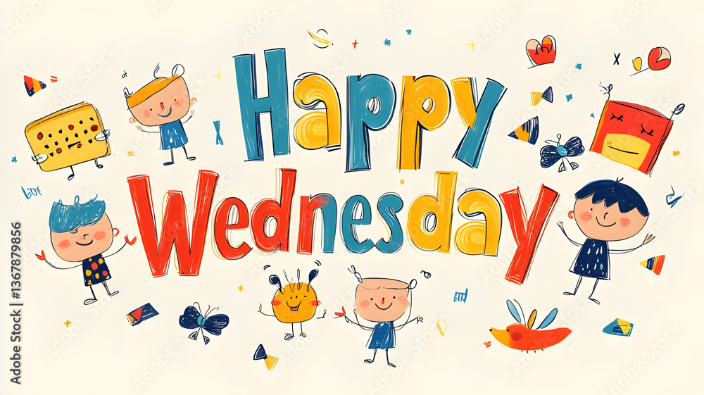Fototapeta premium Happy Wednesday Illustration with Smiling Cartoon Characters and Playful Design