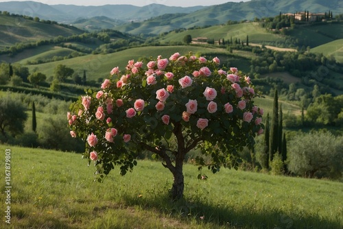 Obraz na płótnie Pink Bush Blooming on Top of a Lush Green Hillside, Creating a Harmonious Pink-Green Palette w salonie