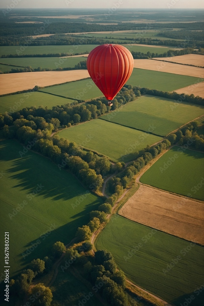 Hot Air Balloon Flight Over Green Flat Fields Filled with Bright Colorful Hues Creating a Picturesque Landscape
