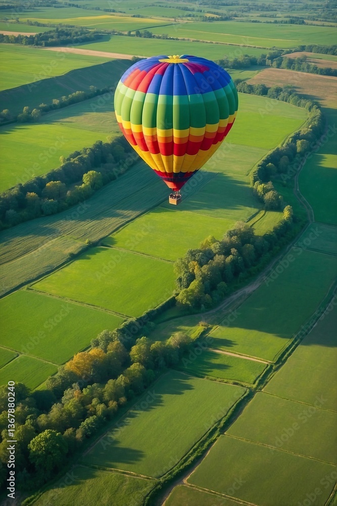 Hot Air Balloon Flight Over Green Flat Fields Filled with Bright Colorful Hues Creating a Picturesque Landscape