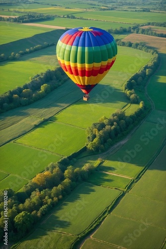Obraz na płótnie Hot Air Balloon Flight Over Green Flat Fields Filled with Bright Colorful Hues Creating a Picturesque Landscape w salonie