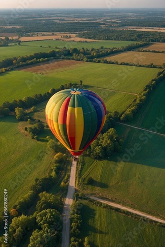 Hot Air Balloon Flight Over Green Flat Fields Filled with Bright Colorful Hues Creating a Picturesque Landscape