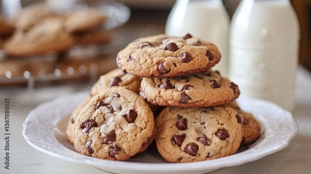 Fresh Chocolate Chip Cookies Stacked on Plate with Milk Bottles Behind Fresh Chocolate Chip Cookies Stacked on Plate with Milk Bottles Behind