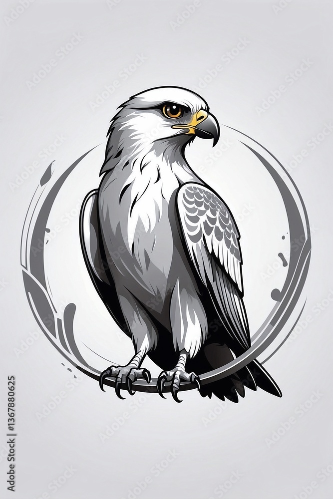 Minimalist Bright Logo with a Cute White and Gray Falcon in a Circle on a White Background