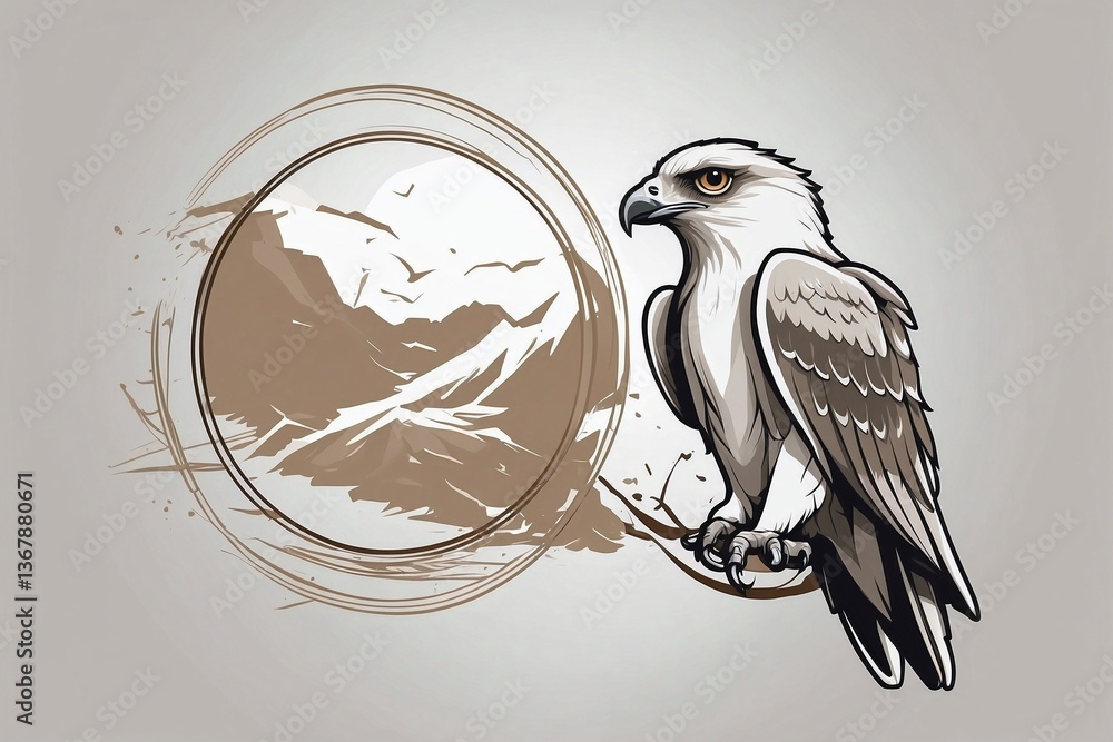 Minimalist Bright Logo with a Cute White and Gray Falcon in a Circle on a White Background