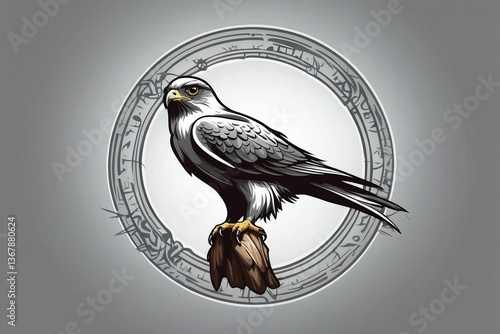 Minimalist Bright Logo with a Cute White and Gray Falcon in a Circle on a White Background