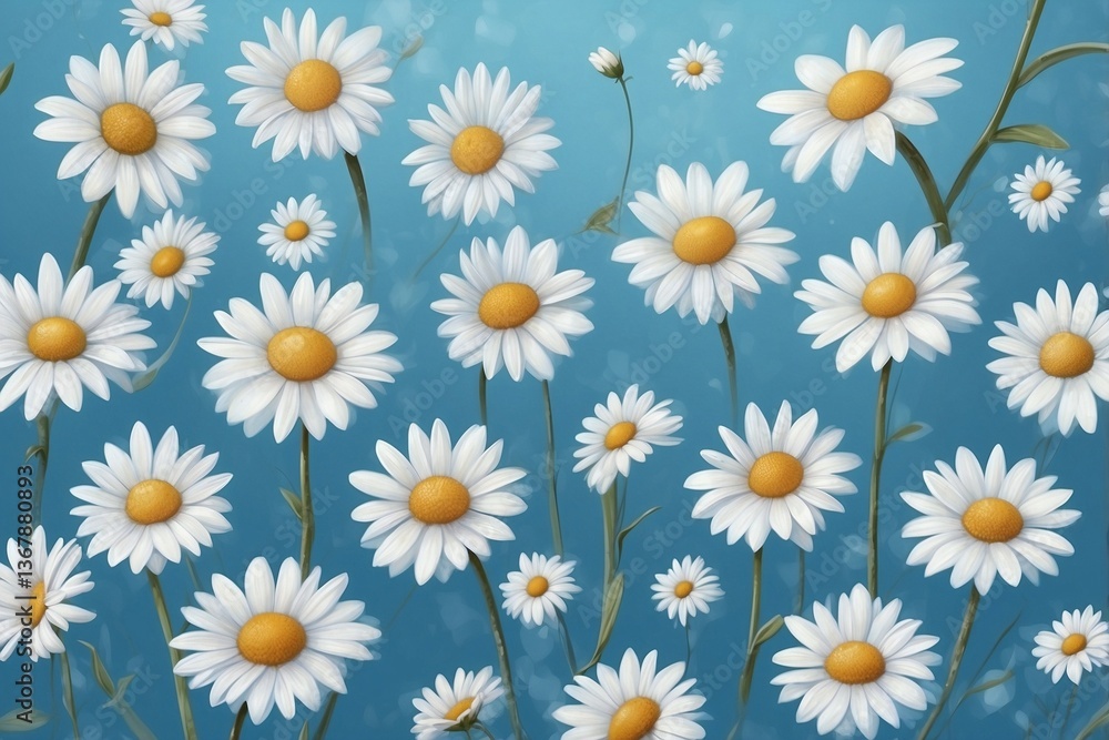 Soft Blue Background Adorned with White Daisies and Hearts, Creating a Turquoise Aesthetic and a Calm Atmosphere