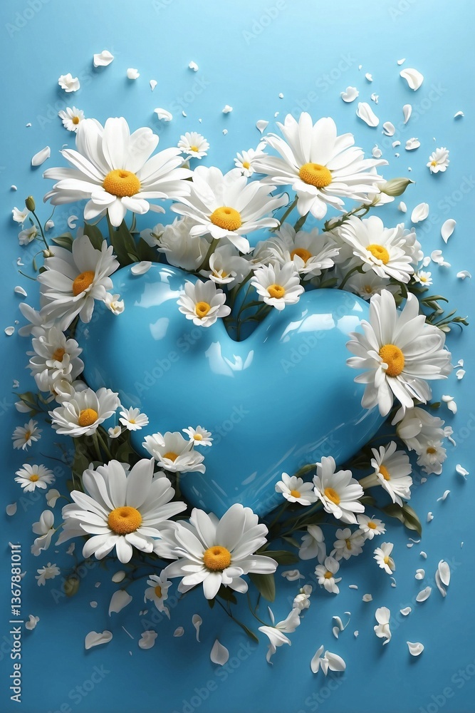 Soft Blue Background Adorned with White Daisies and Hearts, Creating a Turquoise Aesthetic and a Calm Atmosphere