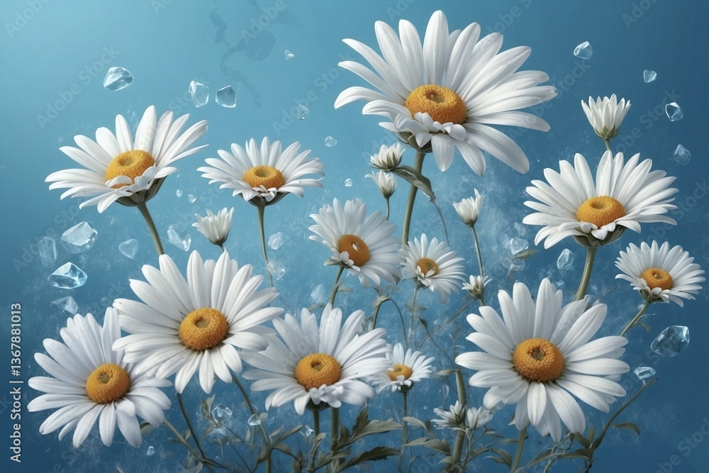 Soft Blue Background Adorned with White Daisies and Hearts, Creating a Turquoise Aesthetic and a Calm Atmosphere