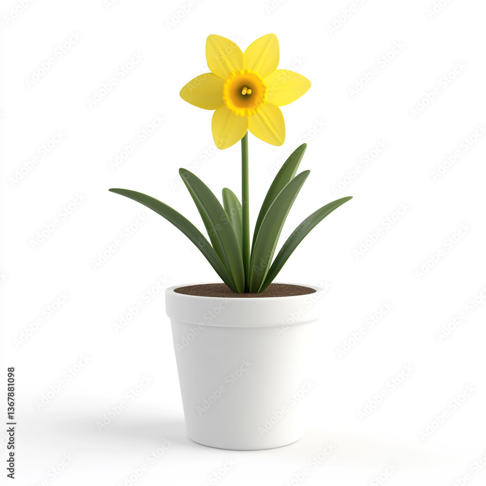 a cute cartoon daffodil flower in a white pot, isolated on a white background. a cute cartoon daffodil flower in a white pot, isolated on a white background.