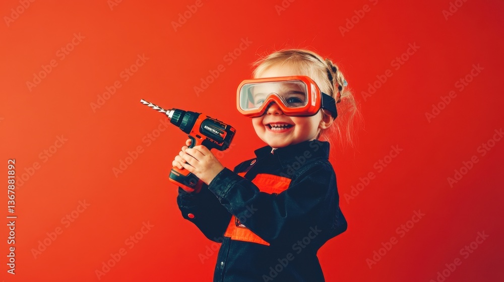 Happy child wearing goggles holding a toy drill on vibrant red background Happy child wearing goggles holding a toy drill on vibrant red background