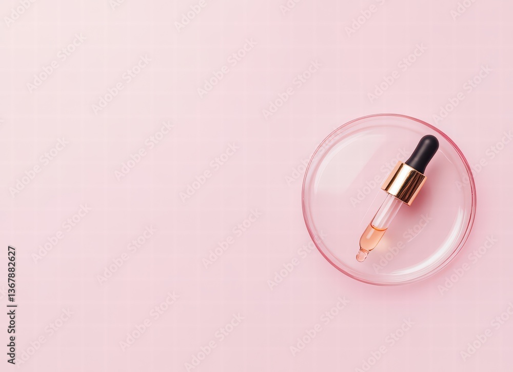 glass dropper with serum on glass plate, pink background, minimal flat lay, skincare product photography glass dropper with serum on glass plate, pink background, minimal flat lay, skincare product photography