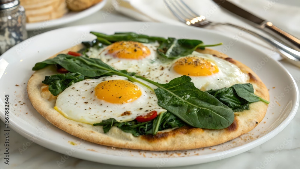 Gourmet Breakfast Flatbread with Eggs, Spinach, and Fresh Herbs Gourmet Breakfast Flatbread with Eggs, Spinach, and Fresh Herbs