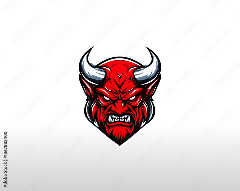 A striking, forward-facing red devil head logo design rendered in bold team colors of red and white A striking, forward-facing red devil head logo design rendered in bold team colors of red and white