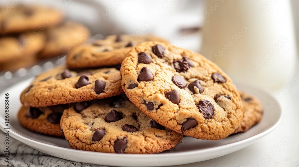 Chocolate Chip Cookies Pile on Plate with Milk Ready to Eat Chocolate Chip Cookies Pile on Plate with Milk Ready to Eat