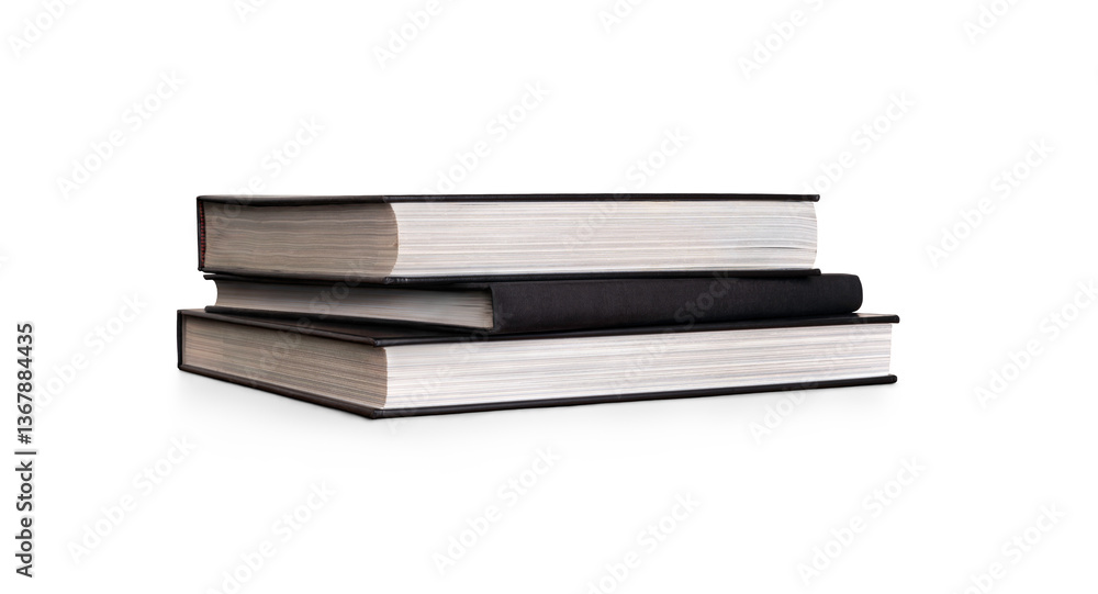 An angled front on view of a pile of study books, textbooks, on a table isolated against a transparent background