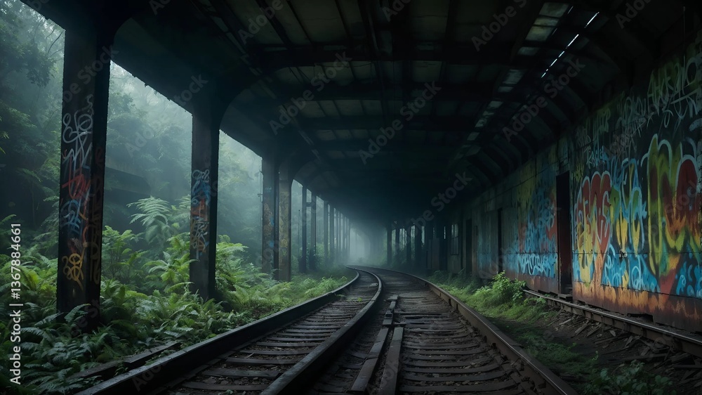 Fototapeta premium Abandoned railway platform with graffiti under misty atmosphere