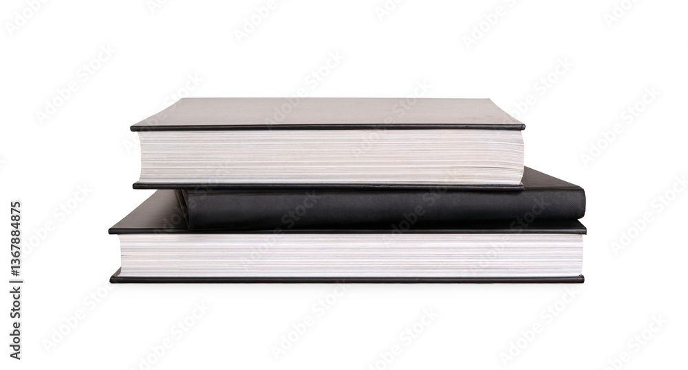 A front on view of a pile of study books, textbooks, on a table isolated against a transparent background