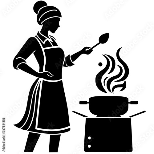 A silhouette of a woman chef cooking on a stove with steam rising from the pot