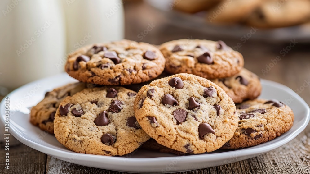 Delicious Chocolate Chip Cookies on a Plate with Glass Milk Bottles Delicious Chocolate Chip Cookies on a Plate with Glass Milk Bottles