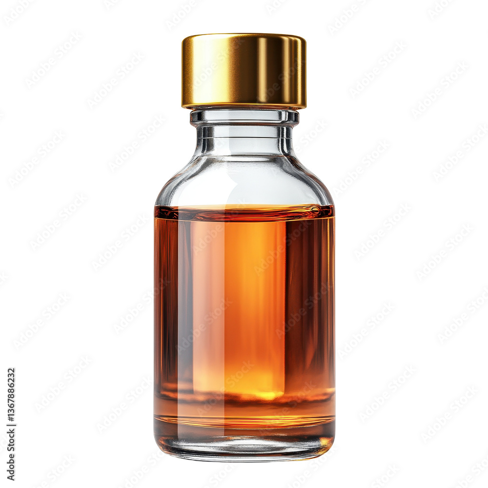 Amber glass bottle with a gold cap isolated on white background Amber glass bottle with a gold cap isolated on white background