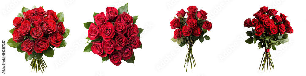 Lush full bouquets of stunning deep red roses with verdant foliage create a romantic elegant display Lush full bouquets of stunning deep red roses with verdant foliage create a romantic elegant display