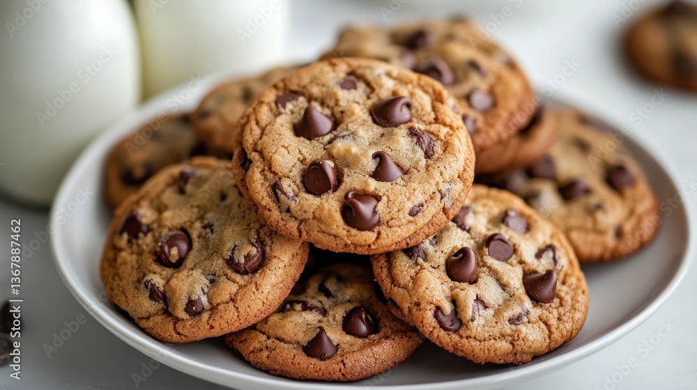 Chocolate Chip Cookies Stacked on Plate with Milk Bottles in Background Chocolate Chip Cookies Stacked on Plate with Milk Bottles in Background