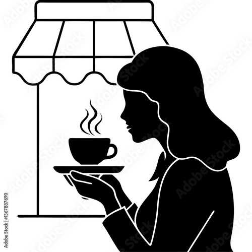 A silhouette of a woman sipping coffee in front of a coffee shop 
