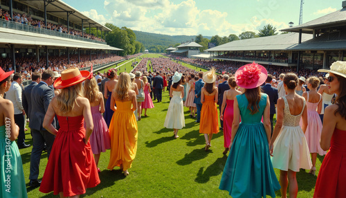 Elegant attendees enjoying a horse race on a sunny day, Fancy hats at races,  Grand National horse race   